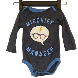 ⭐️ 3/$20 Harry Potter Mischief Managed Bodysuit 6-9M Blue Yellow Gray